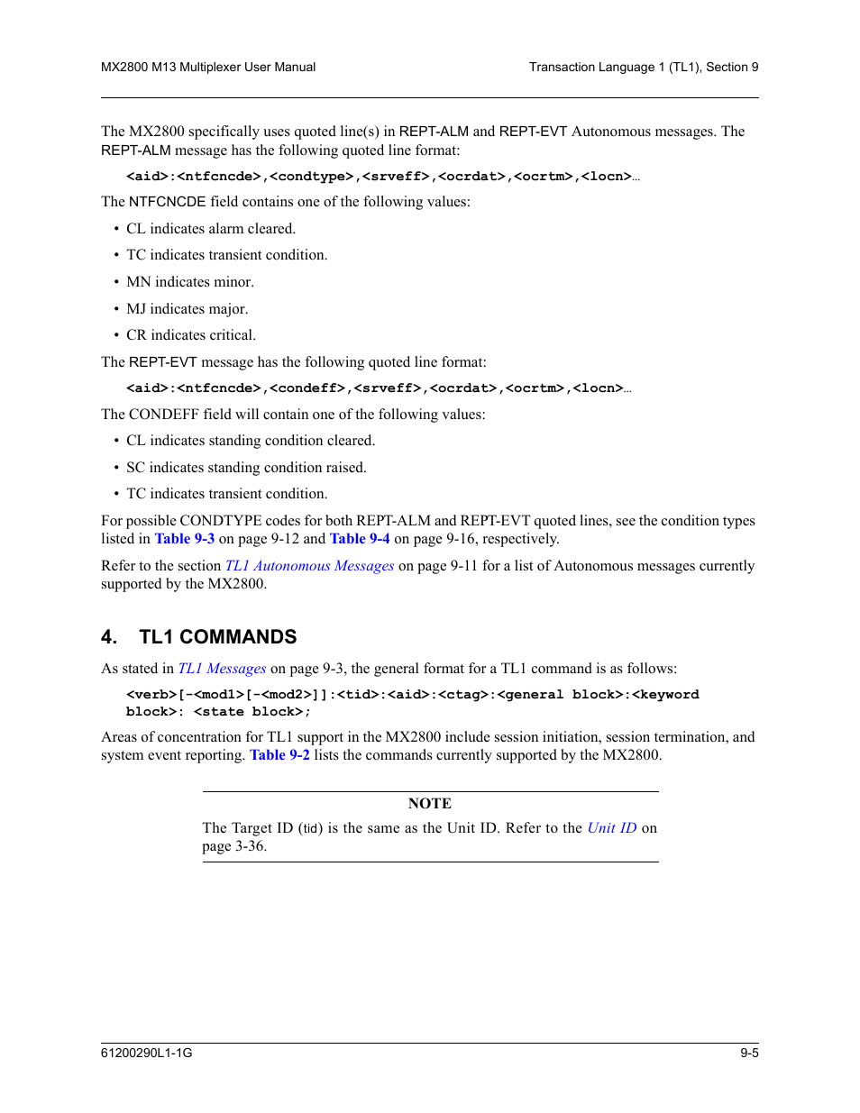 Tl1 commands, Tl1 commands -5, Tl1 session, refer to | ADTRAN MX2800 M13 User Manual | Page 129 / 200