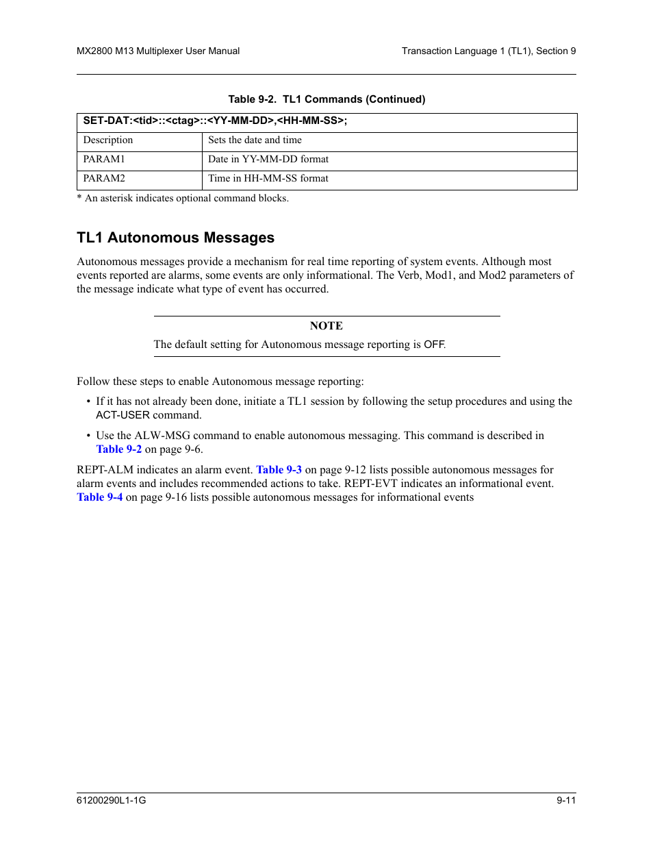Tl1 autonomous messages, Tl1 autonomous messages -11 | ADTRAN MX2800 M13 User Manual | Page 135 / 200