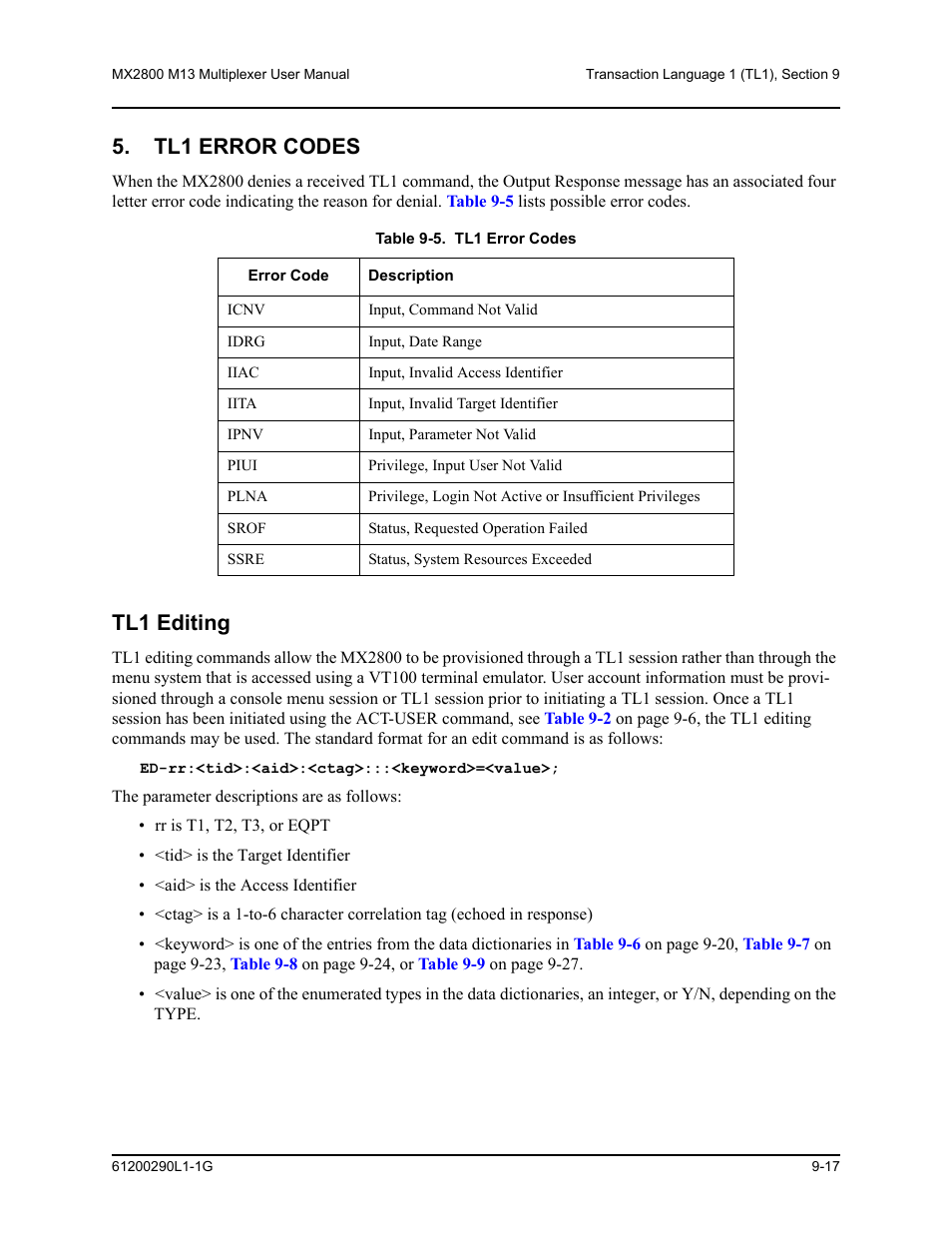 Tl1 error codes, Tl1 editing, Tl1 error codes -17 | Tl1 editing -17, Table 9-5. tl1 error codes -17, Code. refer to | ADTRAN MX2800 M13 User Manual | Page 141 / 200