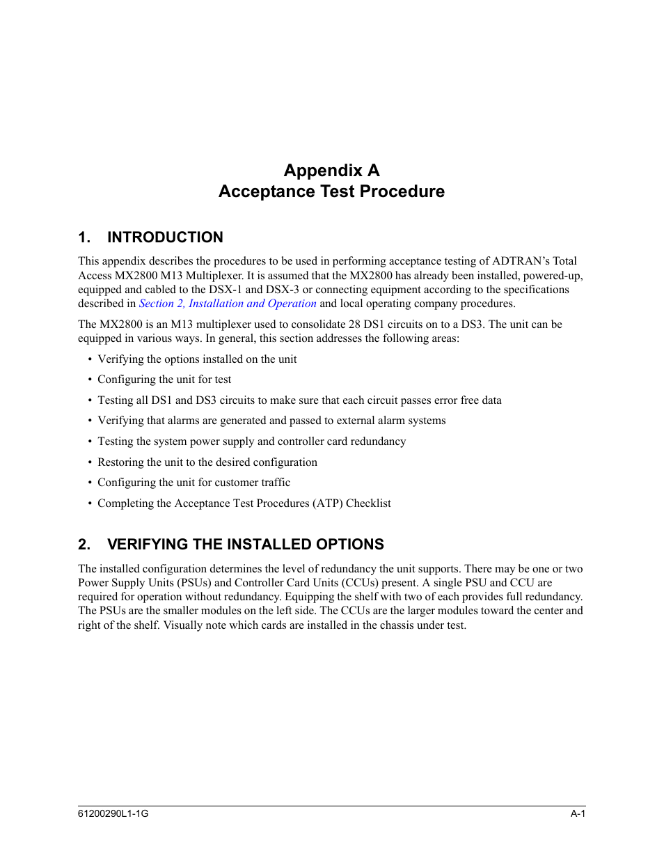 Appendix a, acceptance test procedure, Introduction, Verifying the installed options | Appendix a acceptance test procedure | ADTRAN MX2800 M13 User Manual | Page 157 / 200