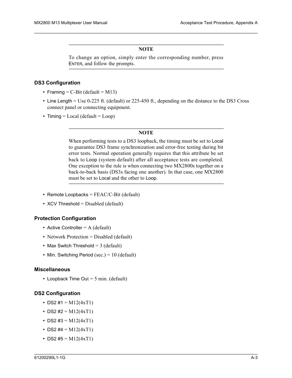 Ds3 configuration, Protection configuration, Miscellaneous | Ds2 configuration | ADTRAN MX2800 M13 User Manual | Page 159 / 200