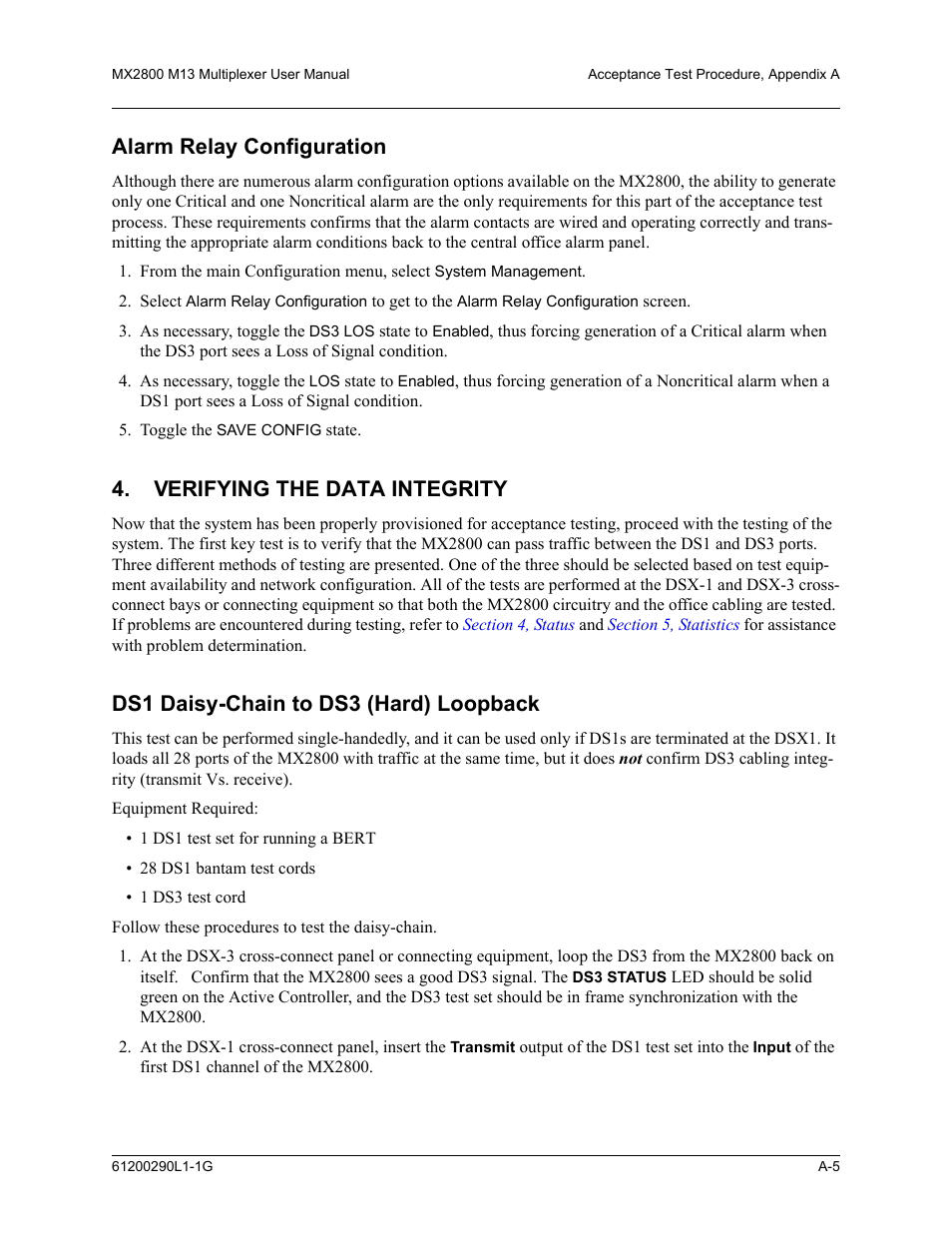 Alarm relay configuration, Verifying the data integrity, Ds1 daisy-chain to ds3 (hard) loopback | ADTRAN MX2800 M13 User Manual | Page 161 / 200
