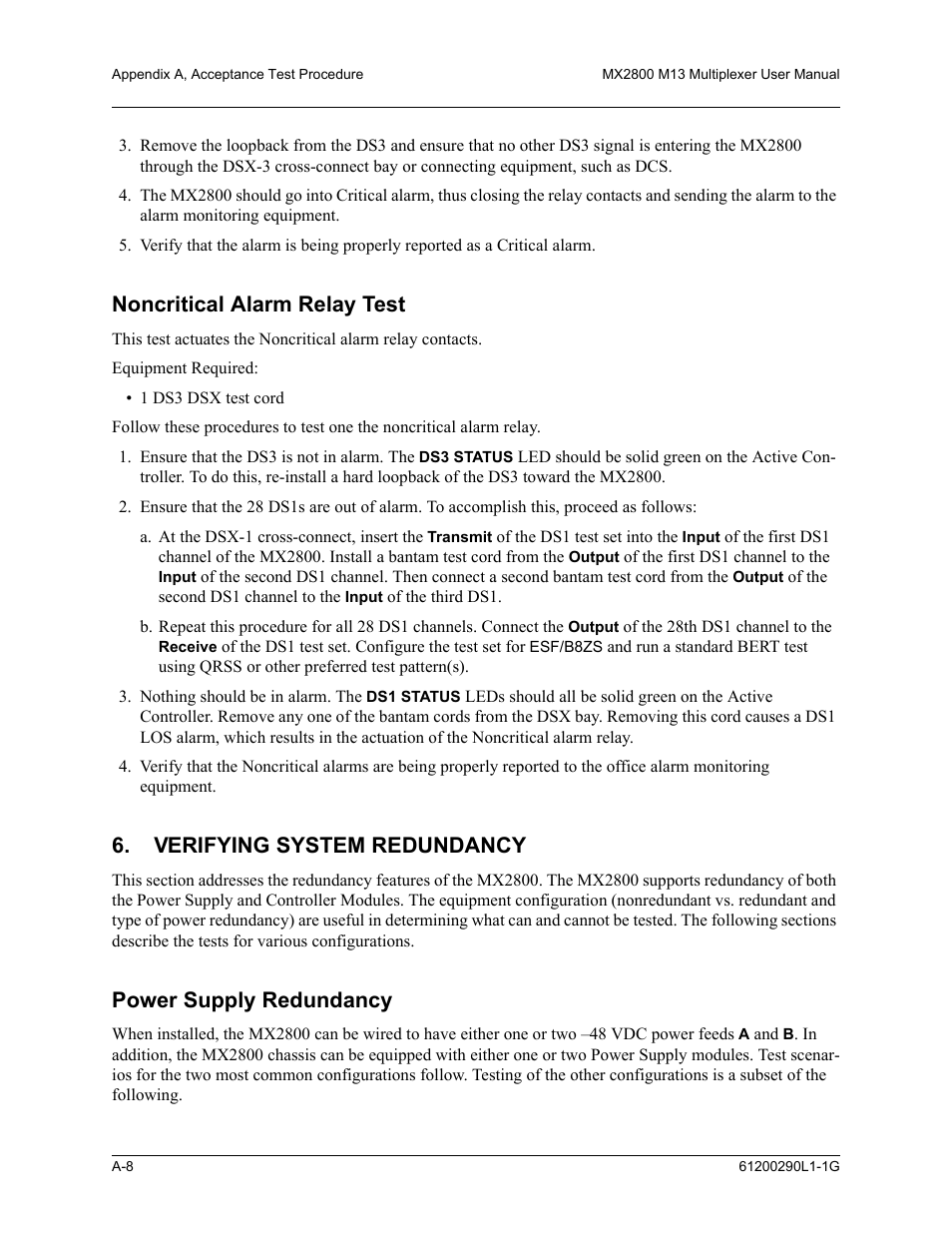 Noncritical alarm relay test, Verifying system redundancy, Power supply redundancy | ADTRAN MX2800 M13 User Manual | Page 164 / 200