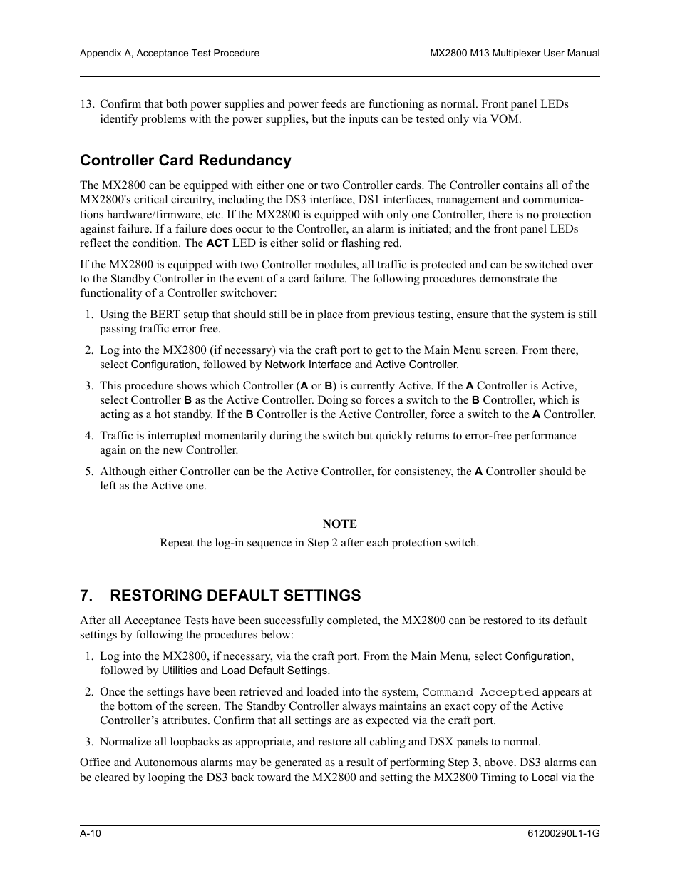 Controller card redundancy, Restoring default settings | ADTRAN MX2800 M13 User Manual | Page 166 / 200