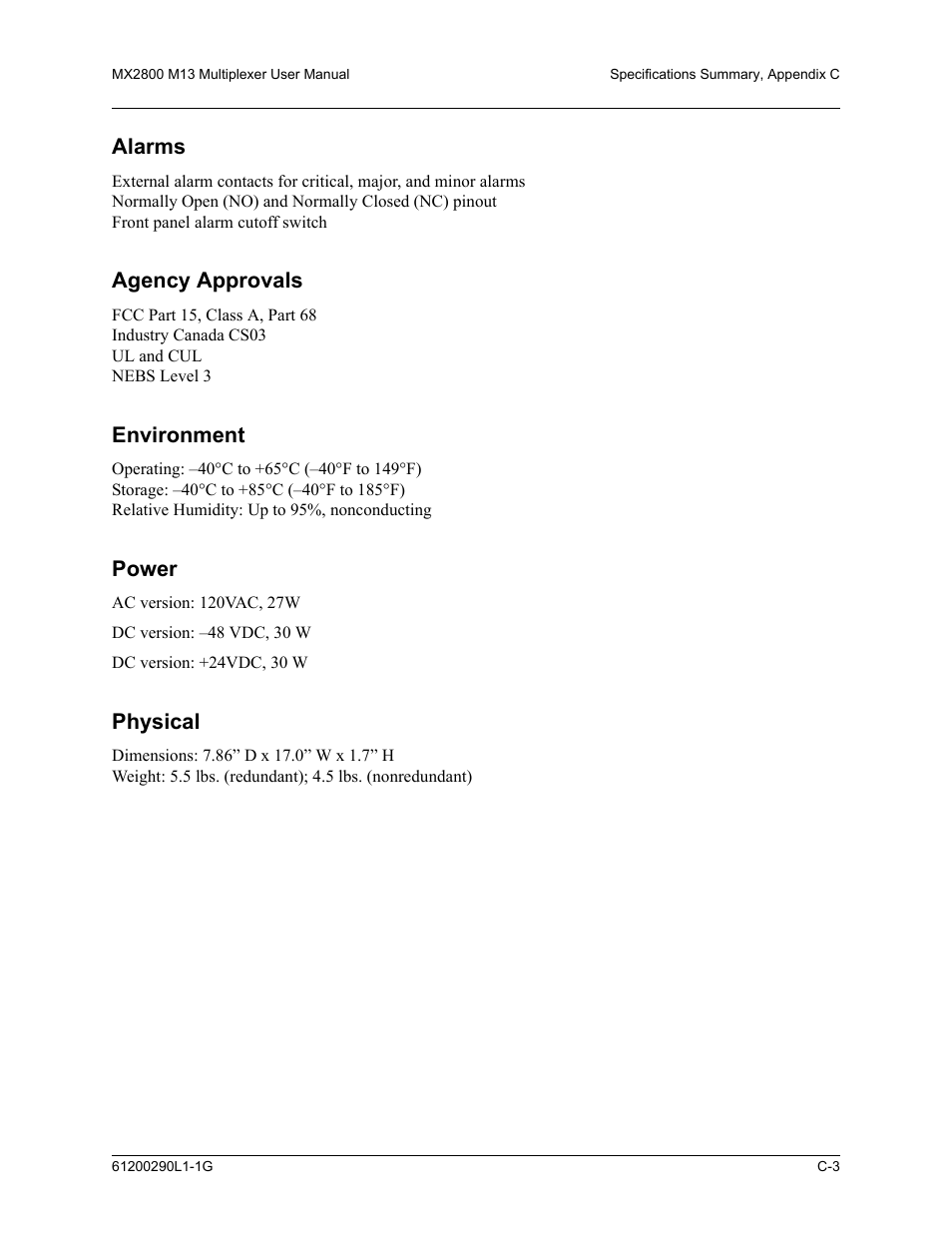 Alarms, Agency approvals, Environment | Power, Physical | ADTRAN MX2800 M13 User Manual | Page 175 / 200