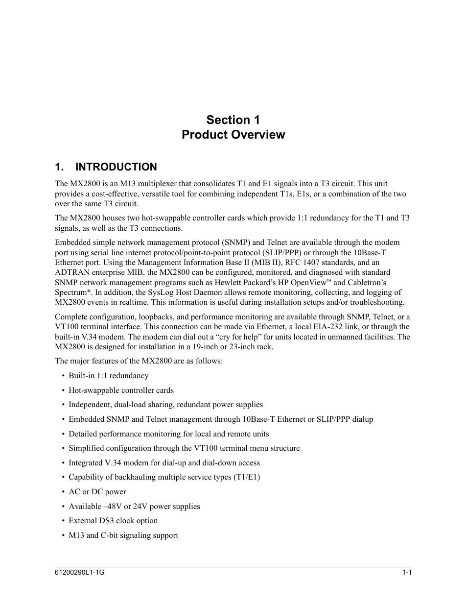 Section 1, product overview, Introduction, Section 1 product overview -1 | Introduction -1 | ADTRAN MX2800 M13 User Manual | Page 19 / 200