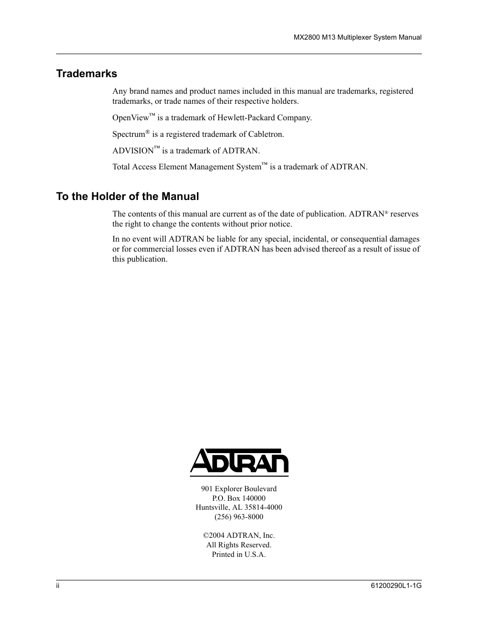 Trademarks, To the holder of the manual | ADTRAN MX2800 M13 User Manual | Page 2 / 200