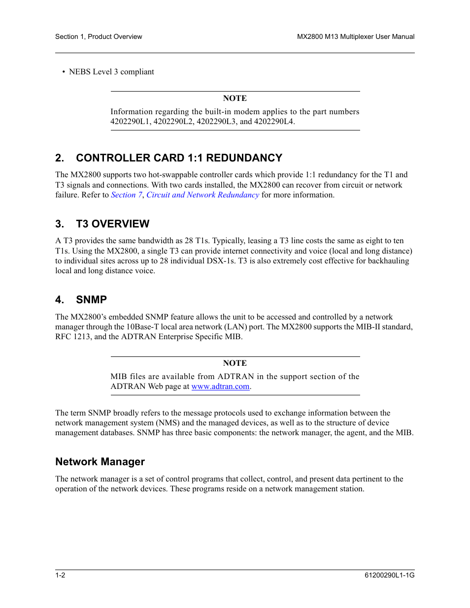 Controller card 1:1 redundancy, T3 overview, Snmp | Network manager, Controller card 1:1 redundancy -2, T3 overview -2, Snmp -2, Network manager -2 | ADTRAN MX2800 M13 User Manual | Page 20 / 200