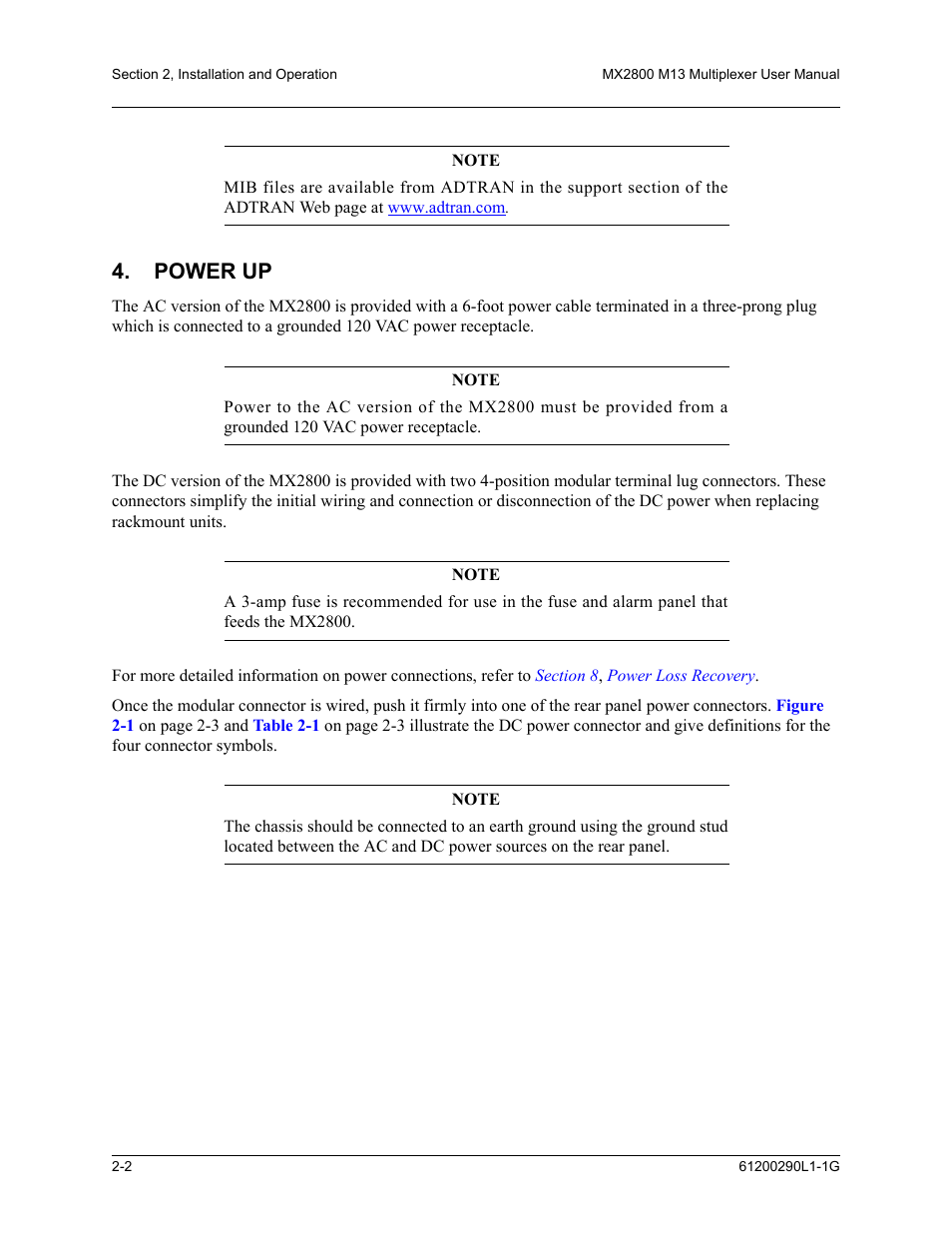 Power up, Power up -2 | ADTRAN MX2800 M13 User Manual | Page 24 / 200