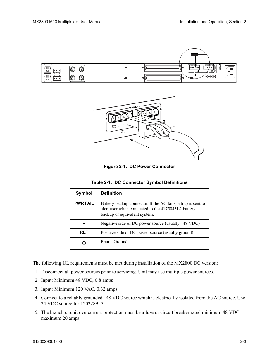 Figure 2-1. dc power connector -3, Table 2-1. dc connector symbol definitions -3, Figure | Table 2-1, Figure 2-1. dc power connector, Negative side of dc power source (usually –48 vdc), Pwr fail | ADTRAN MX2800 M13 User Manual | Page 25 / 200