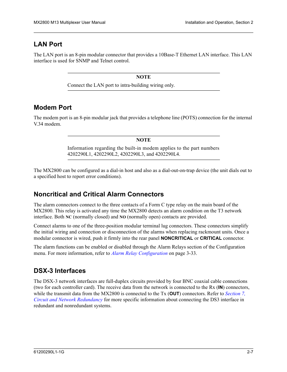 Lan port, Modem port, Noncritical and critical alarm connectors | Dsx-3 interfaces | ADTRAN MX2800 M13 User Manual | Page 29 / 200