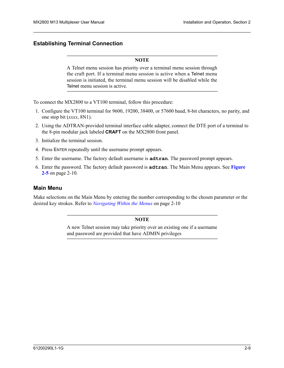 Establishing terminal connection, Main menu, Establishing terminal connection -9 main menu -9 | ADTRAN MX2800 M13 User Manual | Page 31 / 200