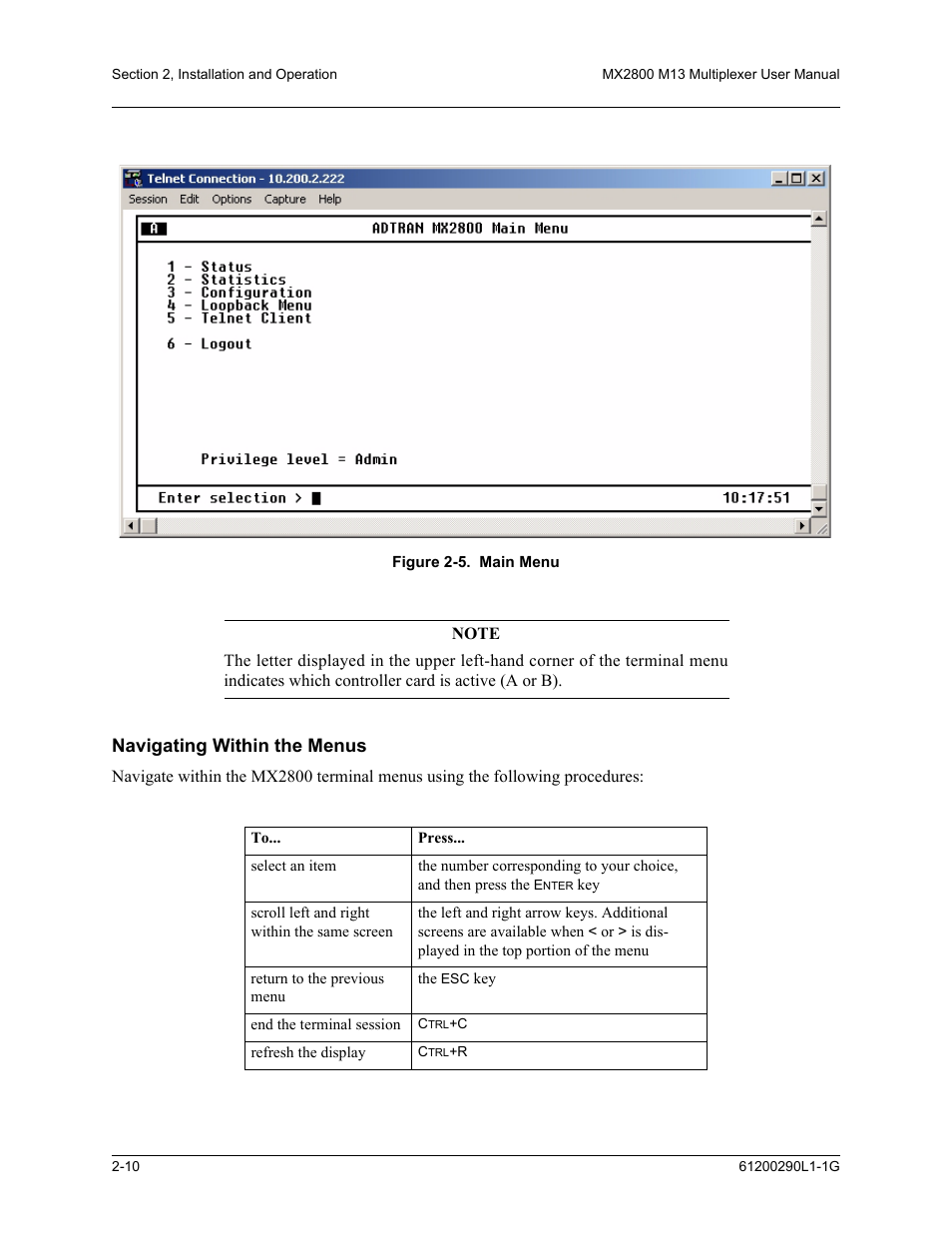 Navigating within the menus, Navigating within the menus -10, Figure 2-5. main menu -10 | Figure | ADTRAN MX2800 M13 User Manual | Page 32 / 200