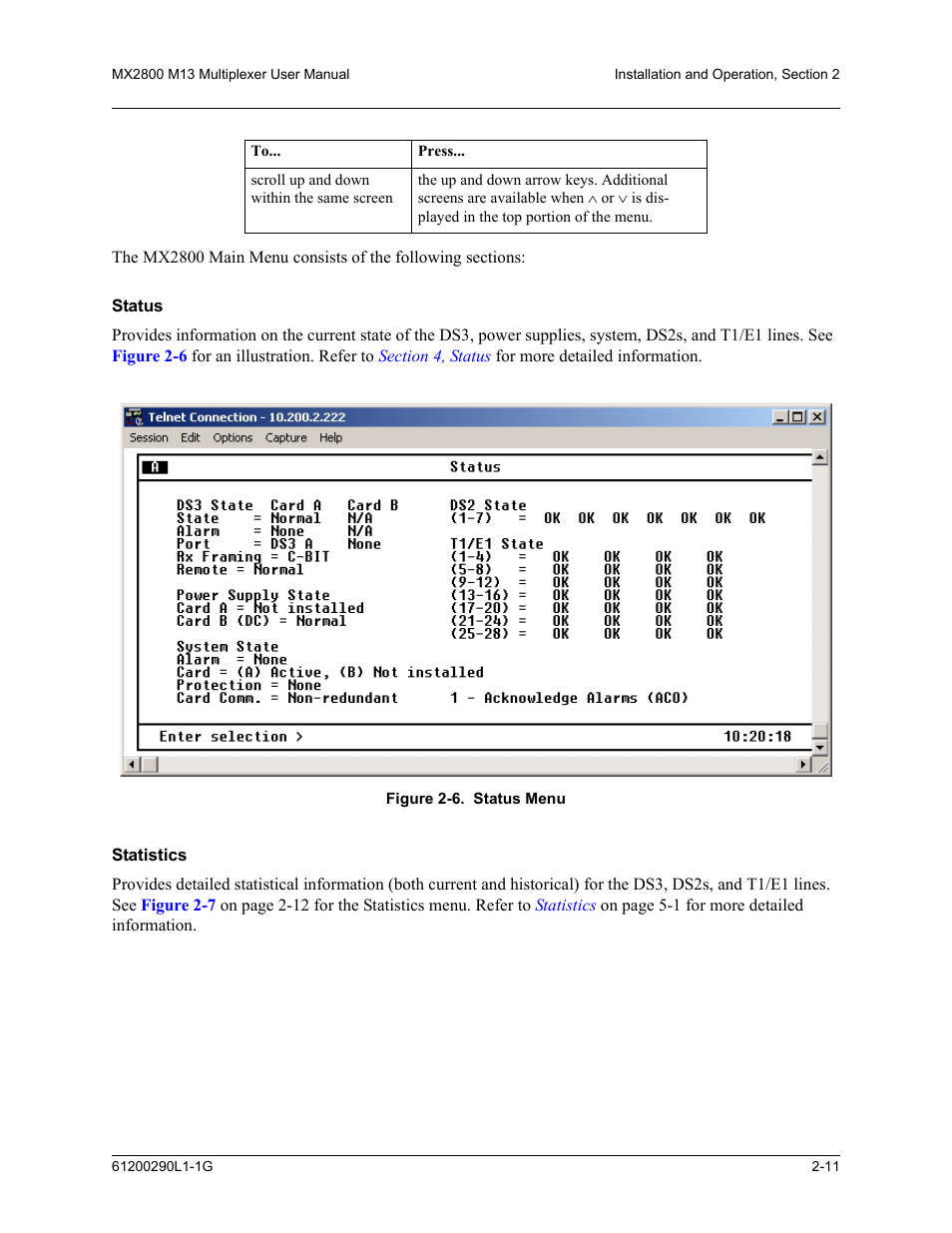 Status, Statistics, Status -11 statistics -11 | Figure 2-6. status menu -11 | ADTRAN MX2800 M13 User Manual | Page 33 / 200