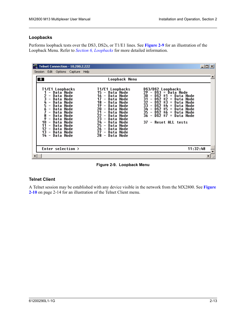 Loopbacks, Telnet client, Loopbacks -13 telnet client -13 | Figure 2-9. loopback menu -13 | ADTRAN MX2800 M13 User Manual | Page 35 / 200