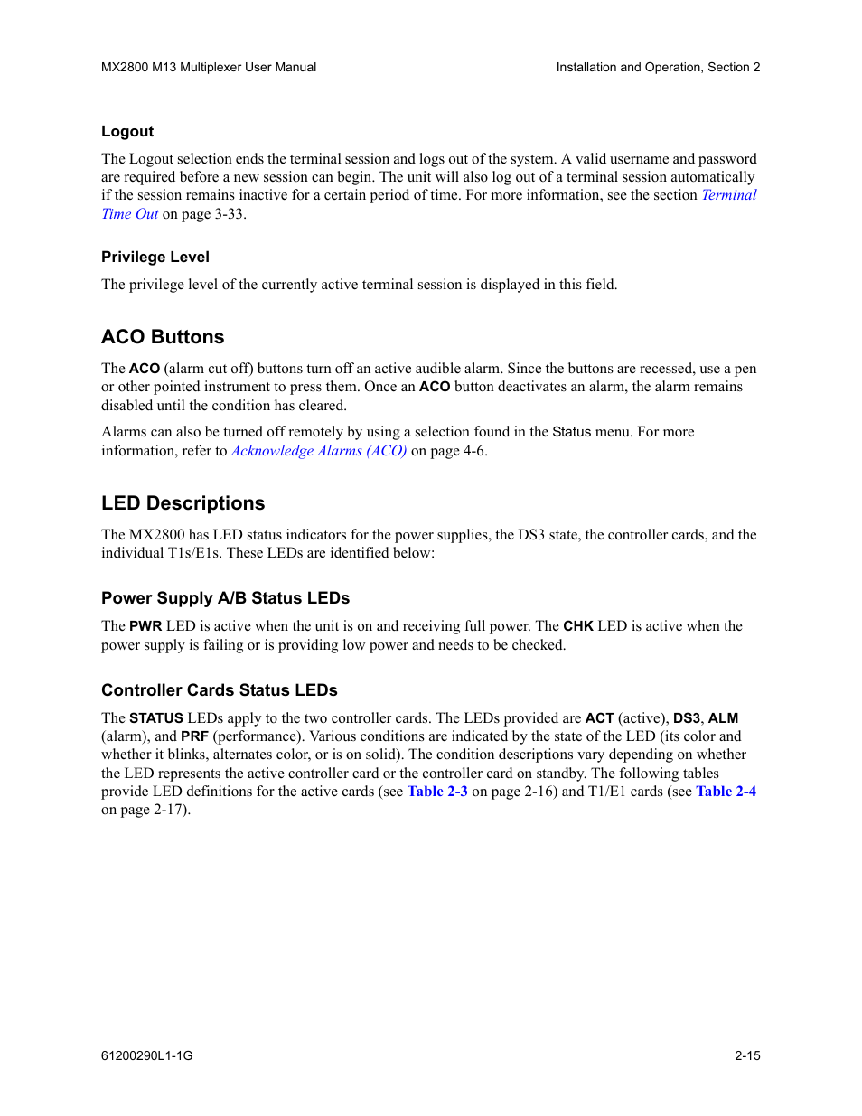 Logout, Privilege level, Aco buttons | Led descriptions, Power supply a/b status leds, Controller cards status leds, Logout -15 privilege level -15, Aco buttons -15 led descriptions -15 | ADTRAN MX2800 M13 User Manual | Page 37 / 200