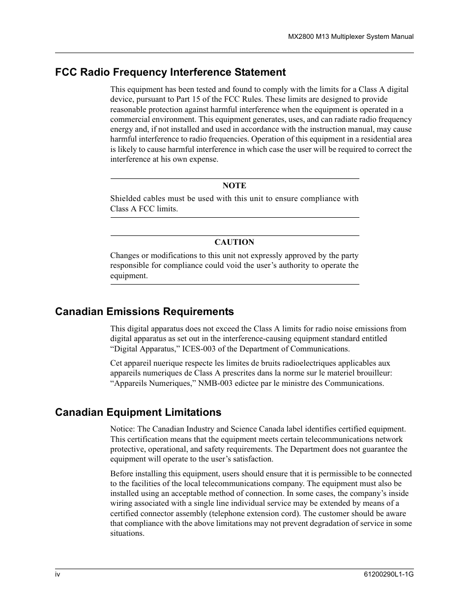 Fcc radio frequency interference statement, Canadian emissions requirements, Canadian equipment limitations | ADTRAN MX2800 M13 User Manual | Page 4 / 200