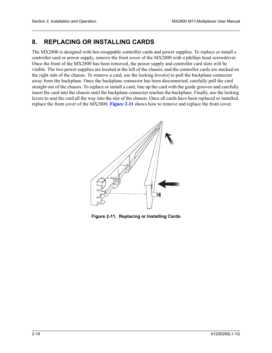 Replacing or installing cards, Replacing or installing cards -18, Figure 2-11.replacing or installing cards -18 | ADTRAN MX2800 M13 User Manual | Page 40 / 200