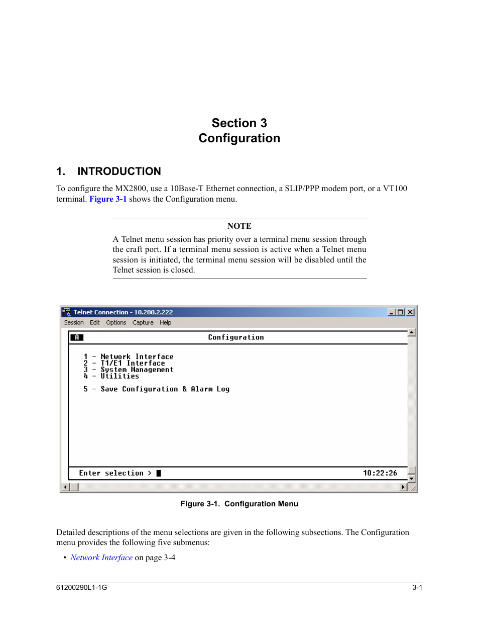 Section 3, configuration, Introduction, Section 3 configuration -1 | Introduction -1, Figure 3-1. configuration menu -1, Section 3, Configuration | ADTRAN MX2800 M13 User Manual | Page 41 / 200