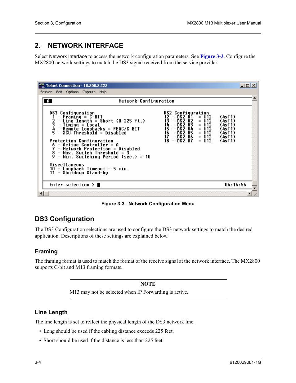 Network interface, Ds3 configuration, Framing | Line length, Network interface -4, Ds3 configuration -4, Framing -4 line length -4, Figure 3-3. network configuration menu -4 | ADTRAN MX2800 M13 User Manual | Page 44 / 200