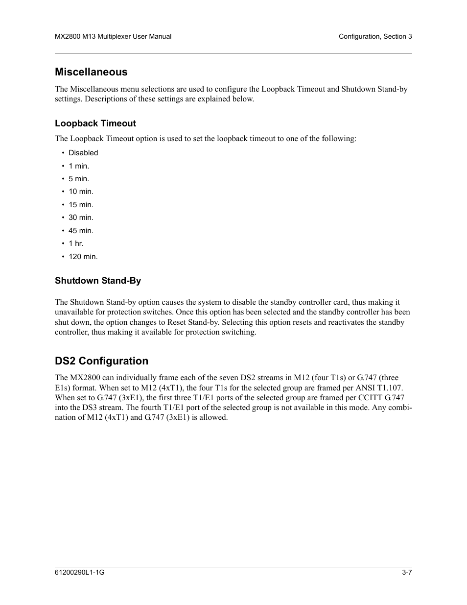 Miscellaneous, Loopback timeout, Shutdown stand-by | Ds2 configuration, Miscellaneous -7, Loopback timeout -7 shutdown stand-by -7, Ds2 configuration -7 | ADTRAN MX2800 M13 User Manual | Page 47 / 200