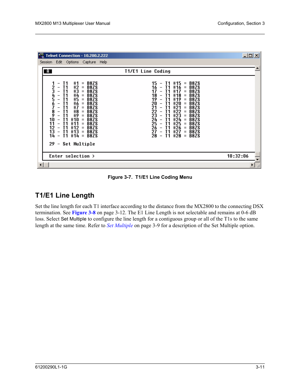 T1/e1 line length, T1/e1 line length -11, Figure 3-7. t1/e1 line coding menu -11 | Figure 3-7 | ADTRAN MX2800 M13 User Manual | Page 51 / 200