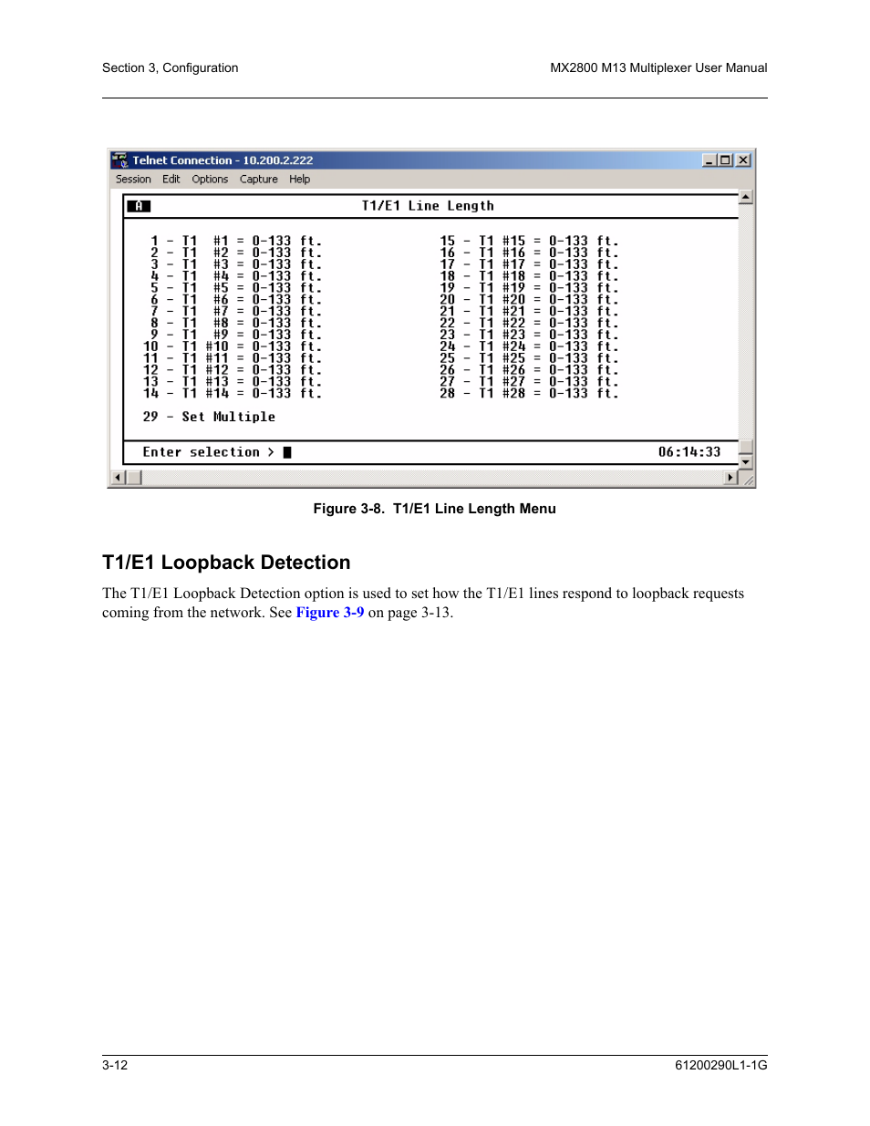 T1/e1 loopback detection, T1/e1 loopback detection -12, Figure 3-8. t1/e1 line length menu -12 | Figure 3-8 | ADTRAN MX2800 M13 User Manual | Page 52 / 200