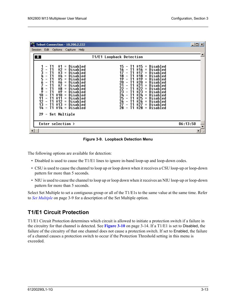 T1/e1 circuit protection, T1/e1 circuit protection -13, Figure 3-9. loopback detection menu -13 | ADTRAN MX2800 M13 User Manual | Page 53 / 200