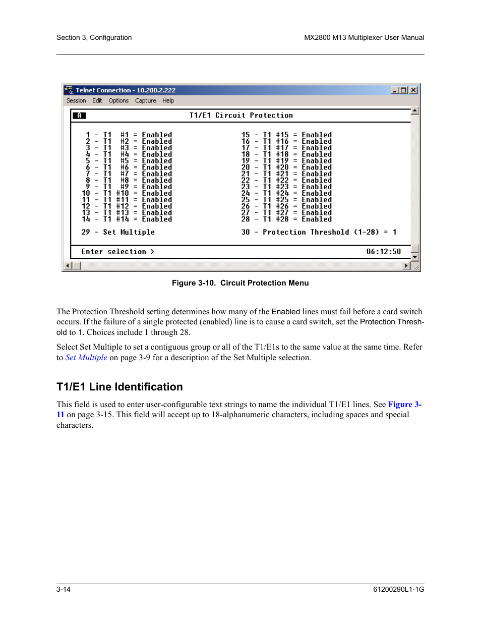 T1/e1 line identification, T1/e1 line identification -14, Figure 3-10.circuit protection menu -14 | Figure 3-10 | ADTRAN MX2800 M13 User Manual | Page 54 / 200