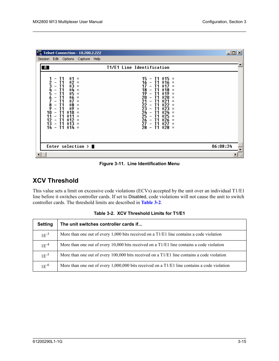 Xcv threshold, Xcv threshold -15, Figure 3-11.line identification menu -15 | Table 3-2. xcv threshold limits for t1/e1 -15, Figure 3 | ADTRAN MX2800 M13 User Manual | Page 55 / 200