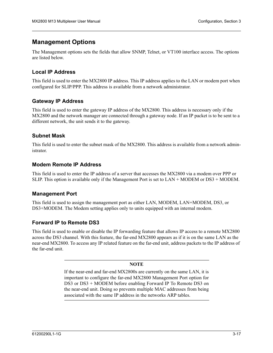 Management options, Local ip address, Gateway ip address | Subnet mask, Modem remote ip address, Management port, Forward ip to remote ds3, Management options -17 | ADTRAN MX2800 M13 User Manual | Page 57 / 200