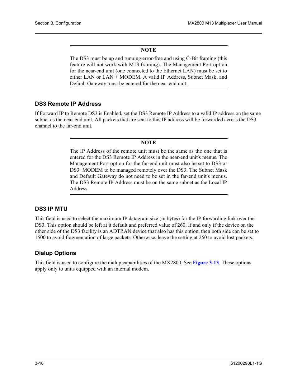 Ds3 remote ip address, Ds3 ip mtu, Dialup options | ADTRAN MX2800 M13 User Manual | Page 58 / 200