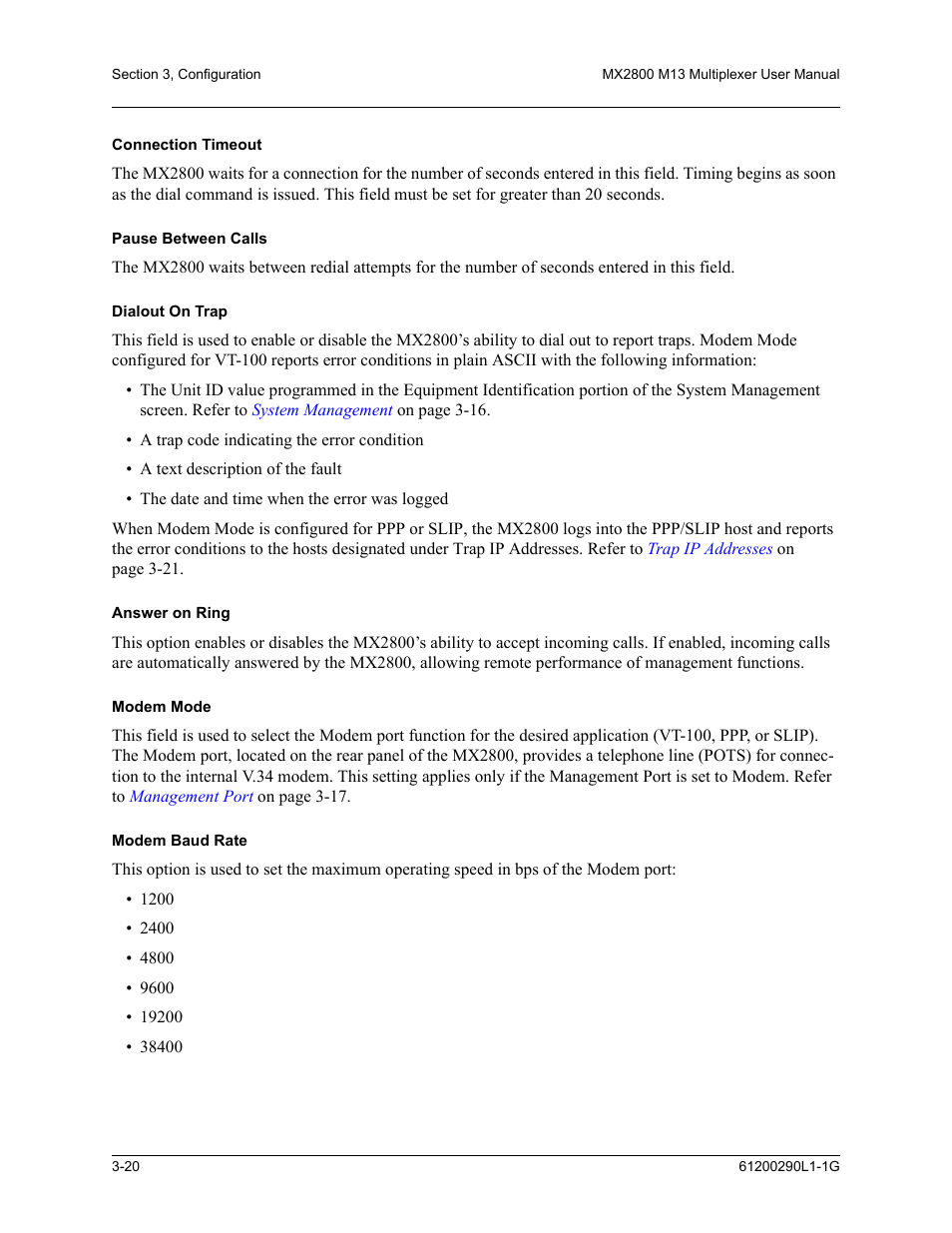 Connection timeout, Pause between calls, Dialout on trap | Answer on ring, Modem mode, Modem baud rate | ADTRAN MX2800 M13 User Manual | Page 60 / 200