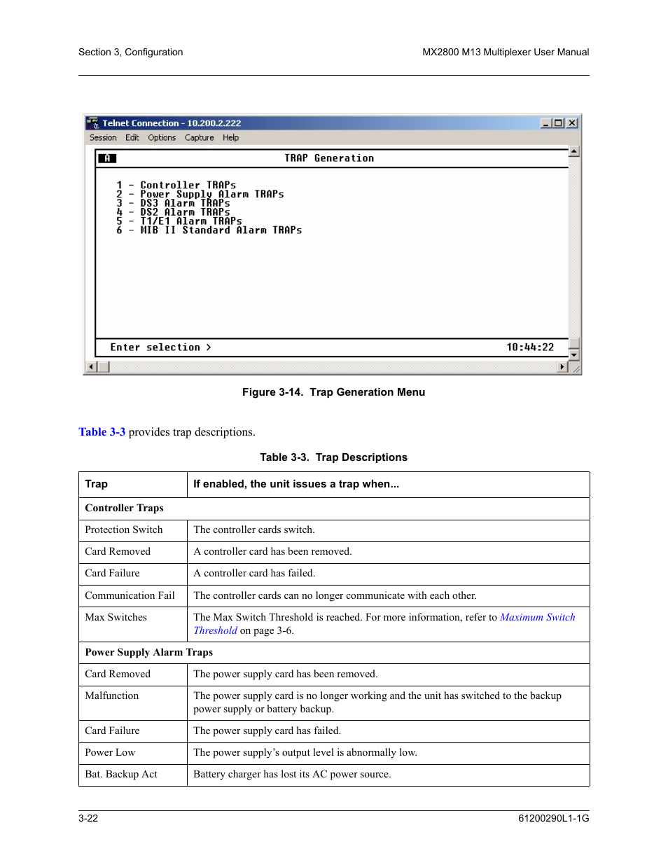 Figure 3-14.trap generation menu -22, Table 3-3. trap descriptions -22, Trap descriptions | ADTRAN MX2800 M13 User Manual | Page 62 / 200