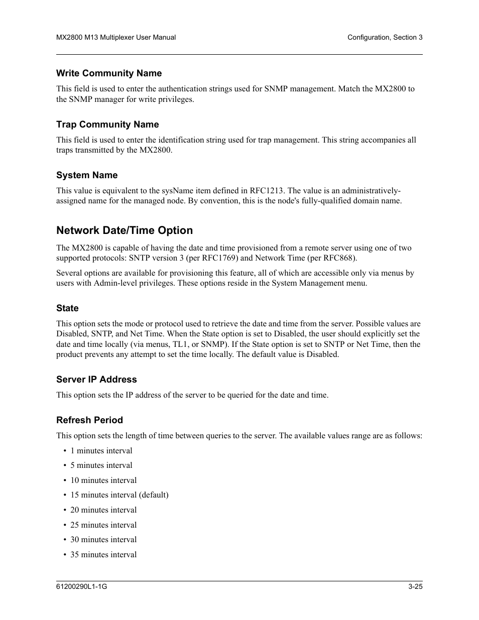 Write community name, Trap community name, System name | Network date/time option, State, Server ip address, Refresh period, Network date/time option -25, State -25 server ip address -25 refresh period -25 | ADTRAN MX2800 M13 User Manual | Page 65 / 200