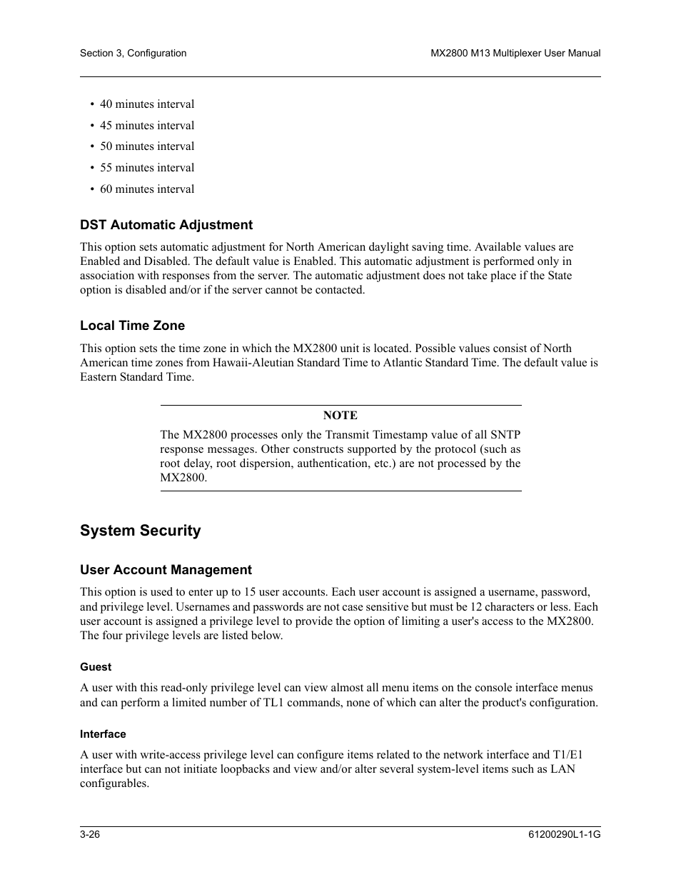 Dst automatic adjustment, Local time zone, System security | User account management, Guest, Interface, Dst automatic adjustment -26 local time zone -26, System security -26, User account management -26, Guest -26 interface -26 | ADTRAN MX2800 M13 User Manual | Page 66 / 200