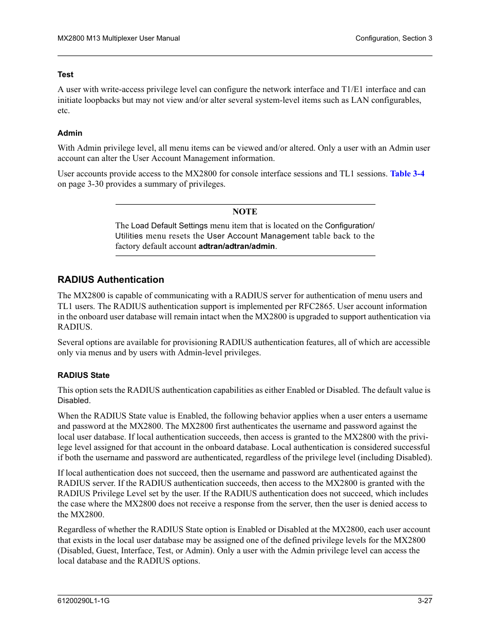 Test, Admin, Radius authentication | Radius state, Test -27 admin -27, Radius authentication -27, Radius state -27 | ADTRAN MX2800 M13 User Manual | Page 67 / 200