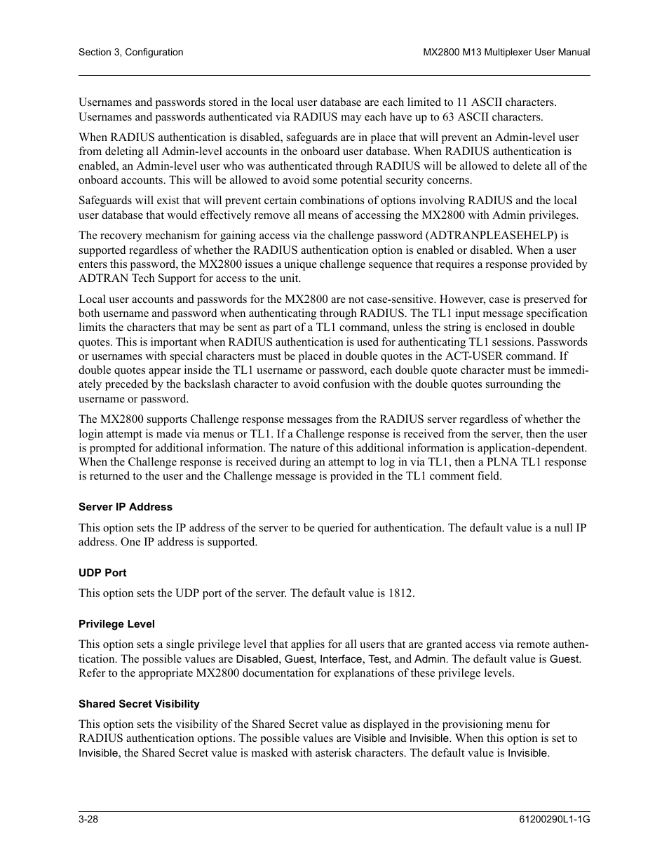 Server ip address, Udp port, Privilege level | Shared secret visibility | ADTRAN MX2800 M13 User Manual | Page 68 / 200