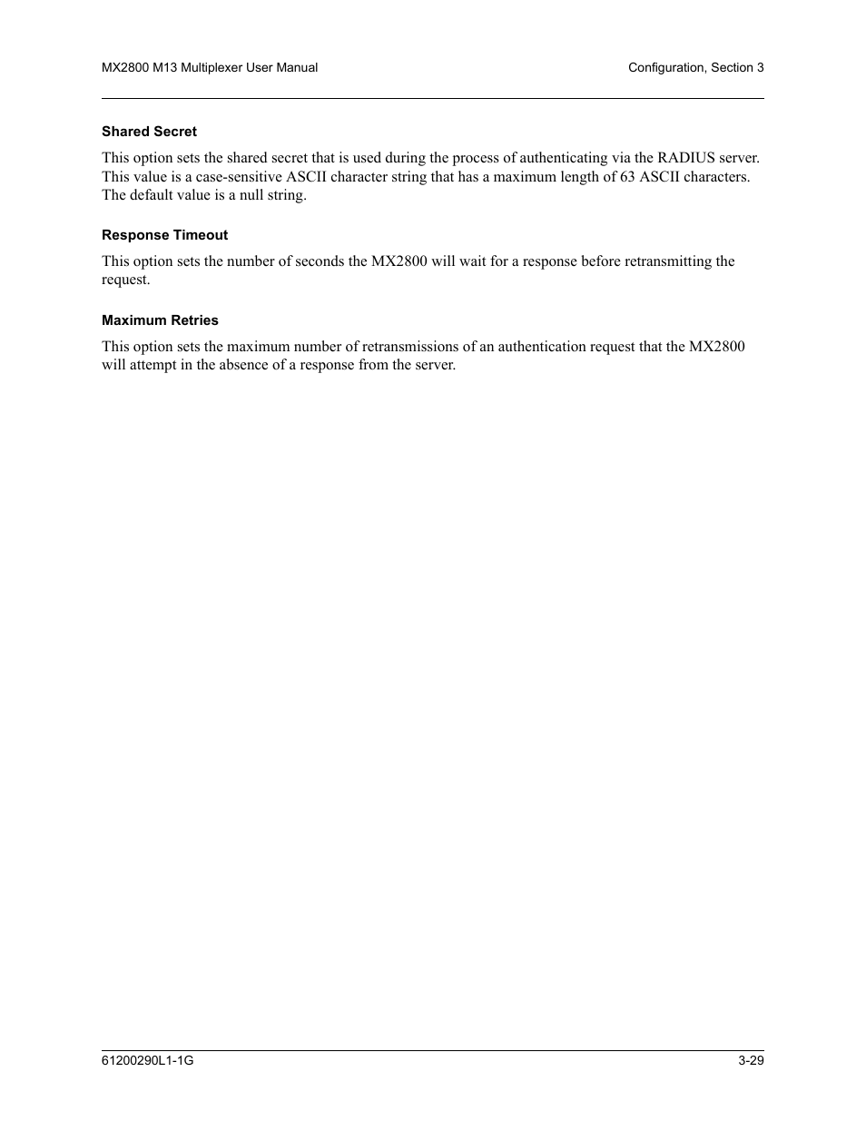 Shared secret, Response timeout, Maximum retries | ADTRAN MX2800 M13 User Manual | Page 69 / 200