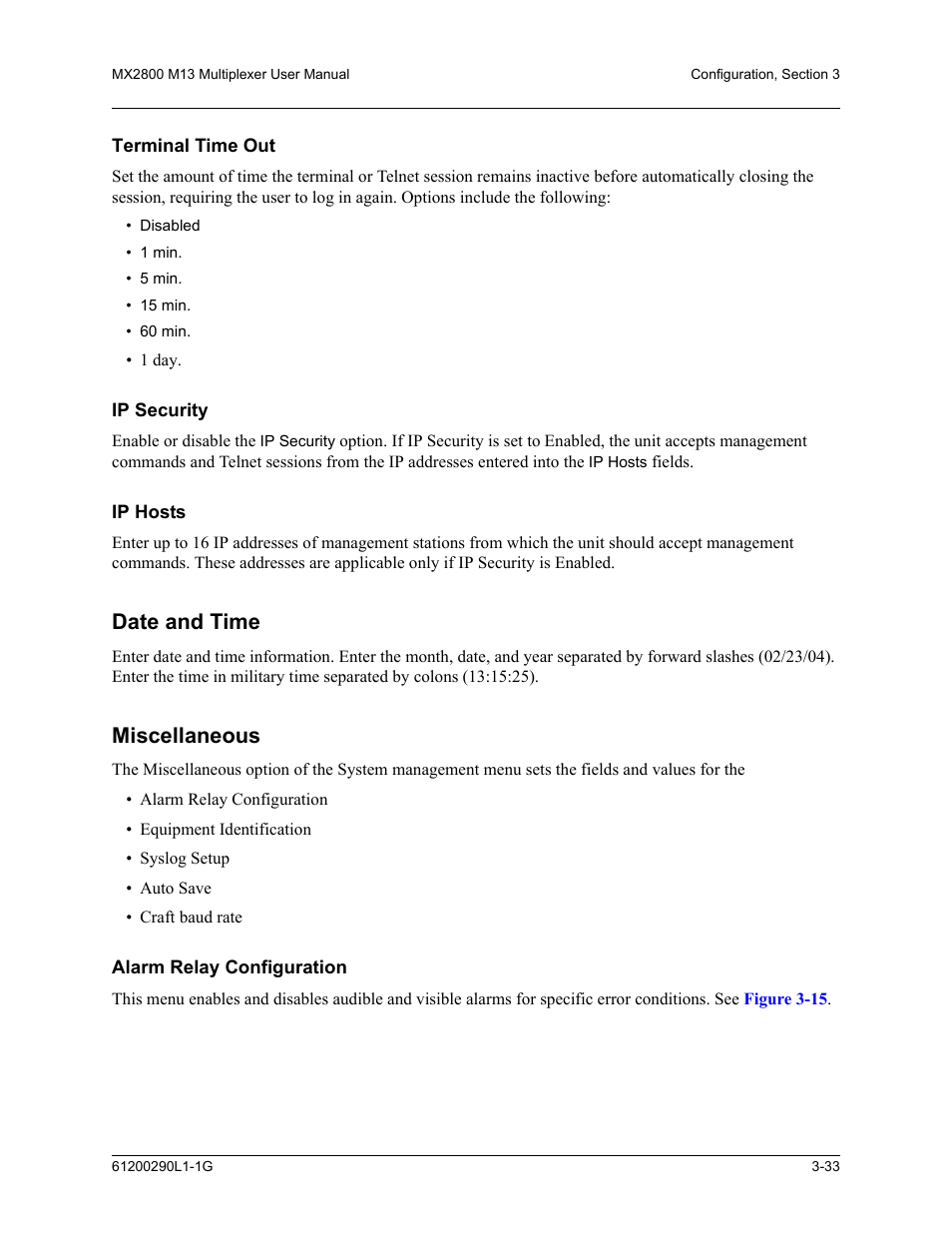 Terminal time out, Ip security, Ip hosts | Date and time, Miscellaneous, Alarm relay configuration, Terminal time out -33, Ip security -33 ip hosts -33, Date and time -33 miscellaneous -33, Alarm relay configuration -33 | ADTRAN MX2800 M13 User Manual | Page 73 / 200