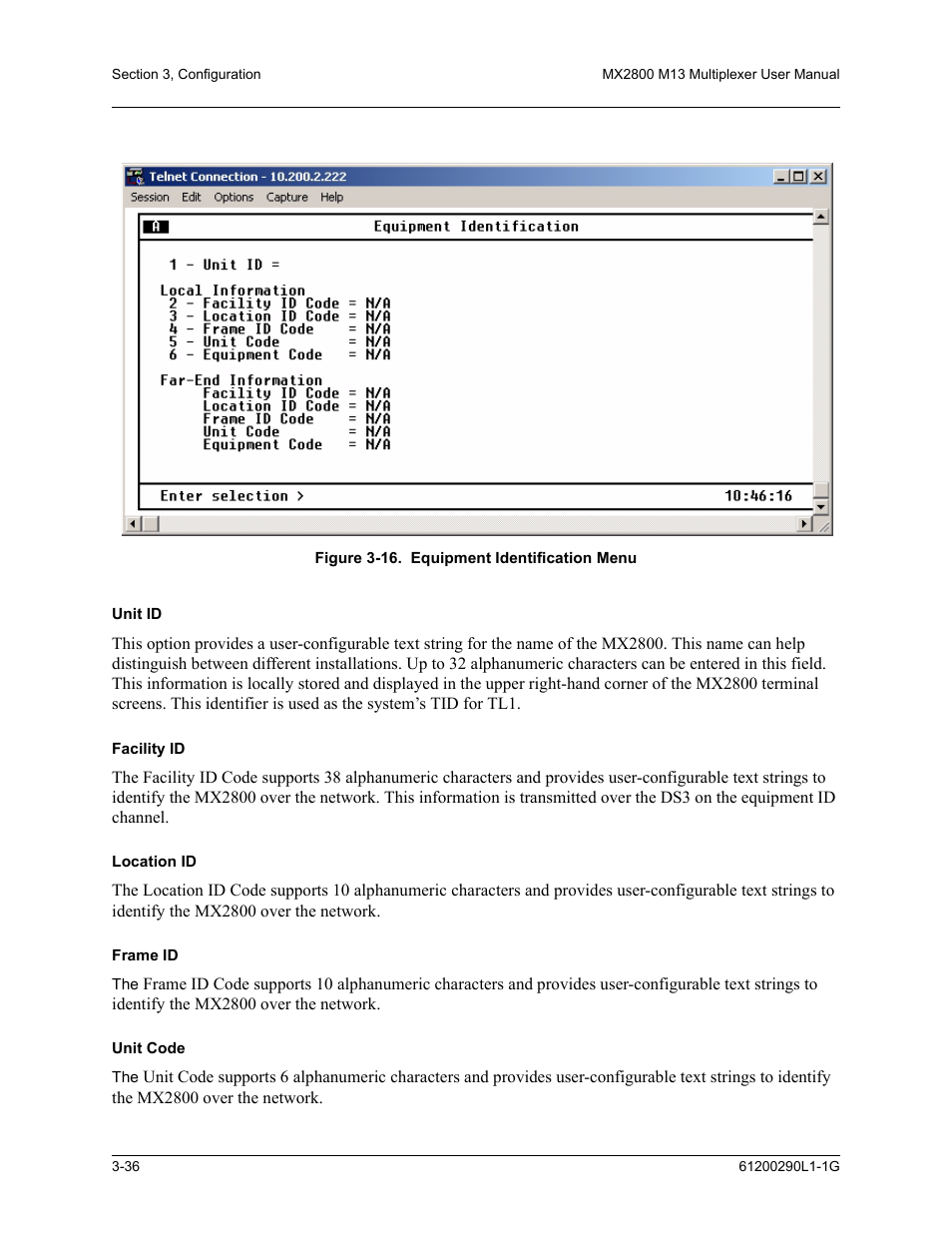 Unit id, Facility id, Location id | Frame id, Unit code, Figure 3-16.equipment identification menu -36, Figure 3-16 | ADTRAN MX2800 M13 User Manual | Page 76 / 200