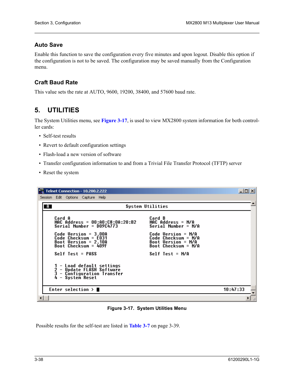 Auto save, Craft baud rate, Utilities | Auto save -38 craft baud rate -38, Utilities -38, Figure 3-17.system utilities menu -38 | ADTRAN MX2800 M13 User Manual | Page 78 / 200