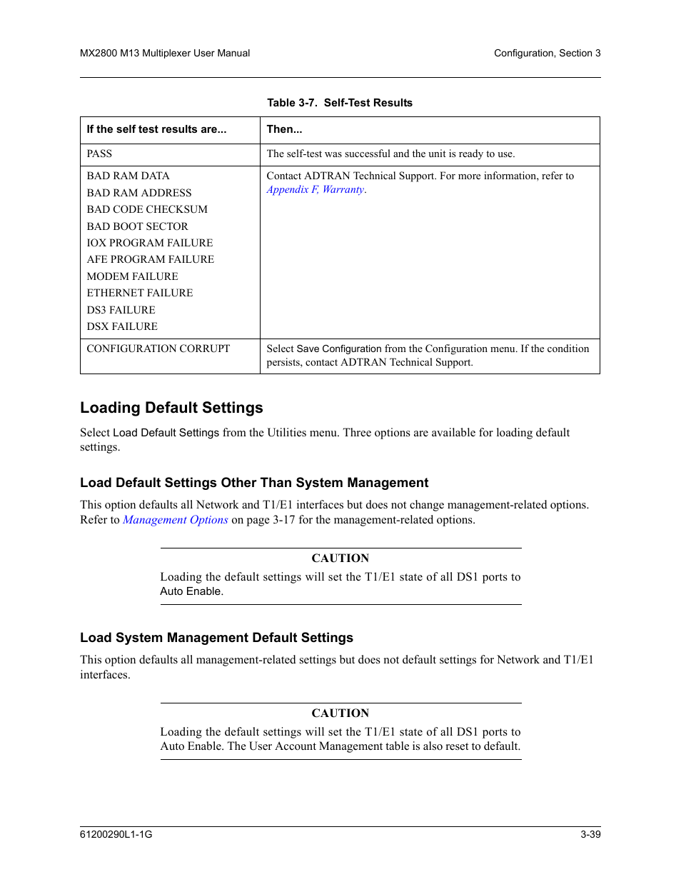 Loading default settings, Load default settings other than system management, Load system management default settings | Loading default settings -39, Table 3-7. self-test results -39, D in, Table 3-7 | ADTRAN MX2800 M13 User Manual | Page 79 / 200