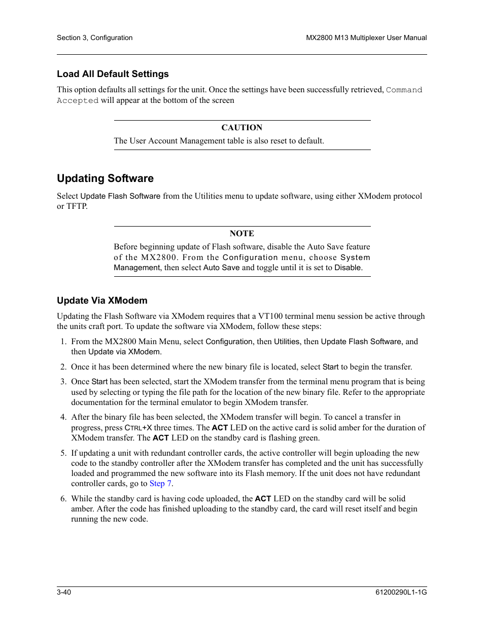 Load all default settings, Updating software, Update via xmodem | Load all default settings -40, Updating software -40, Update via xmodem -40 | ADTRAN MX2800 M13 User Manual | Page 80 / 200