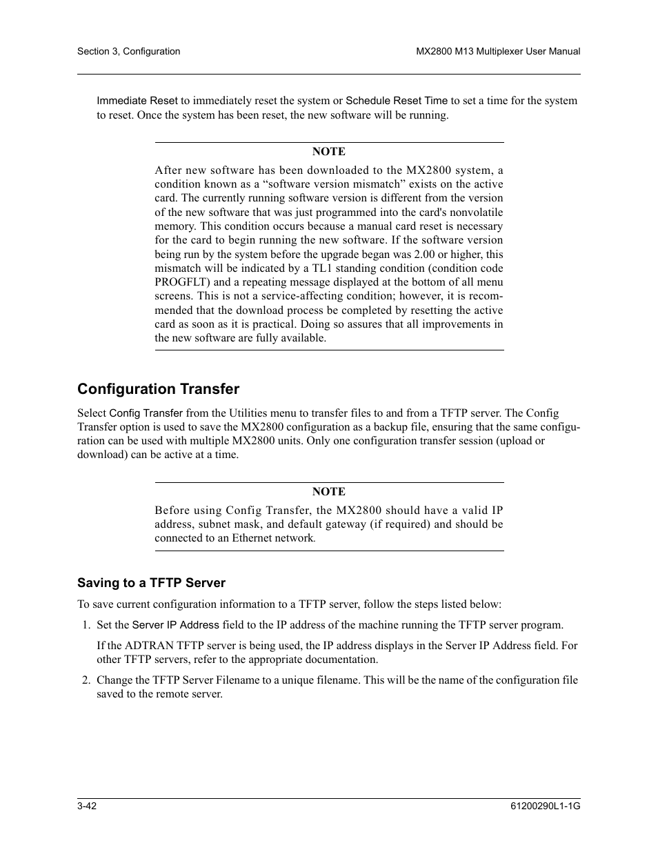 Configuration transfer, Saving to a tftp server, Configuration transfer -42 | Saving to a tftp server -42 | ADTRAN MX2800 M13 User Manual | Page 82 / 200