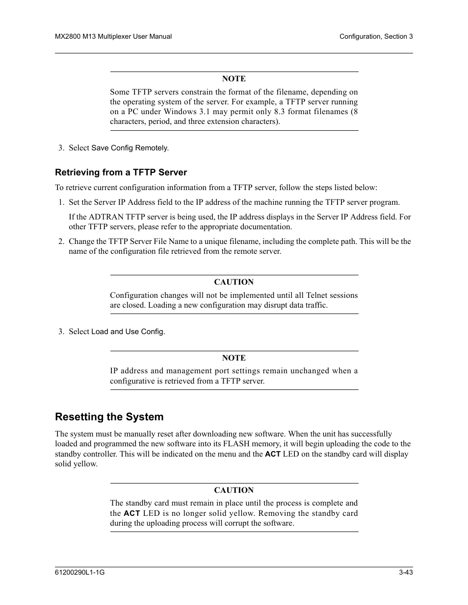 Retrieving from a tftp server, Resetting the system, Retrieving from a tftp server -43 | Resetting the system -43 | ADTRAN MX2800 M13 User Manual | Page 83 / 200