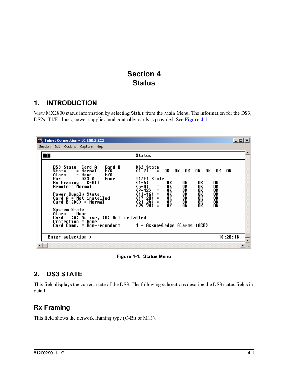 Section 4, status, Introduction, Ds3 state | Rx framing, Section 4 status -1, Introduction -1, Ds3 state -1, Rx framing -1, Figure 4-1. status menu -1 | ADTRAN MX2800 M13 User Manual | Page 85 / 200