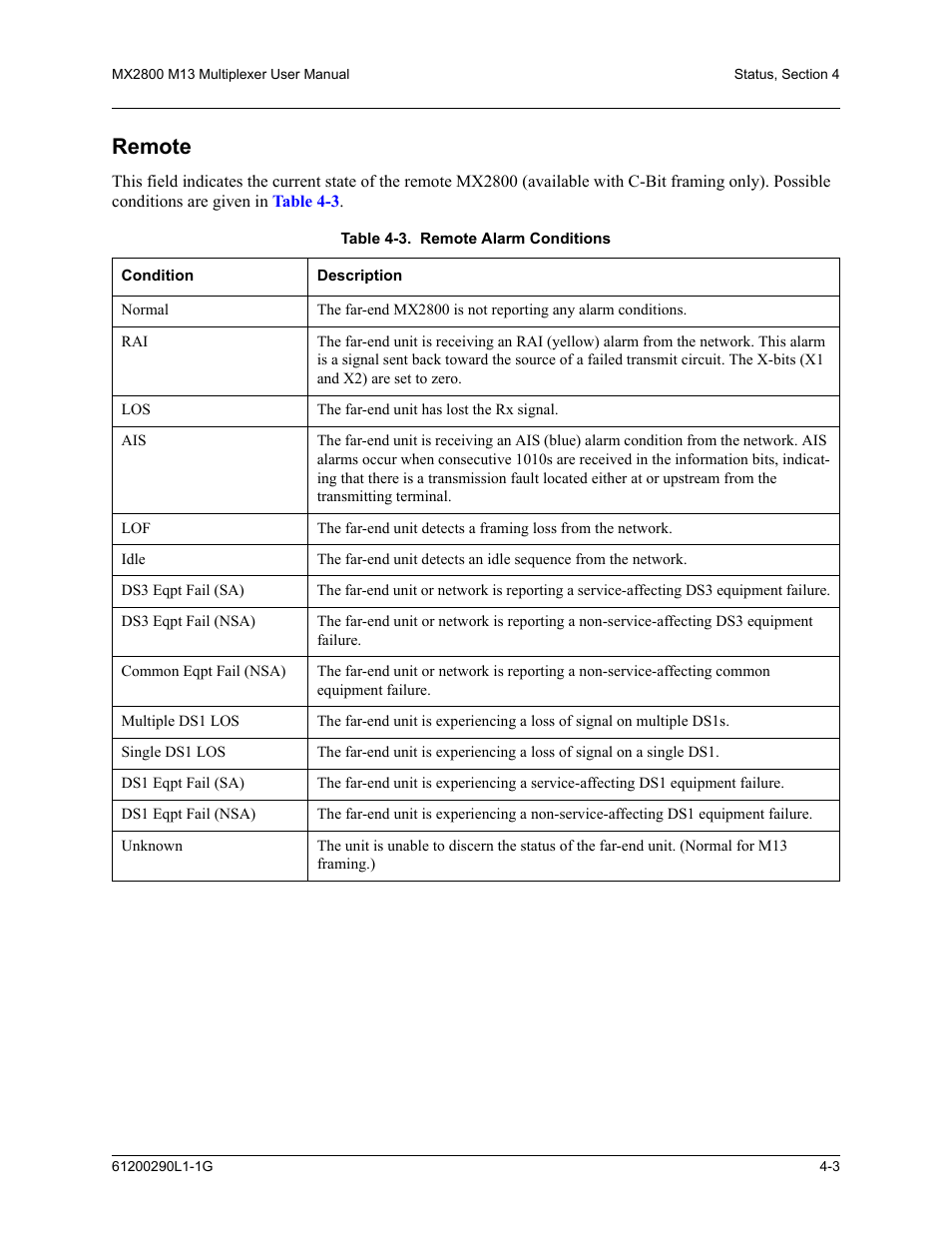 Remote, Remote -3, Table 4-3. remote alarm conditions -3 | ADTRAN MX2800 M13 User Manual | Page 87 / 200