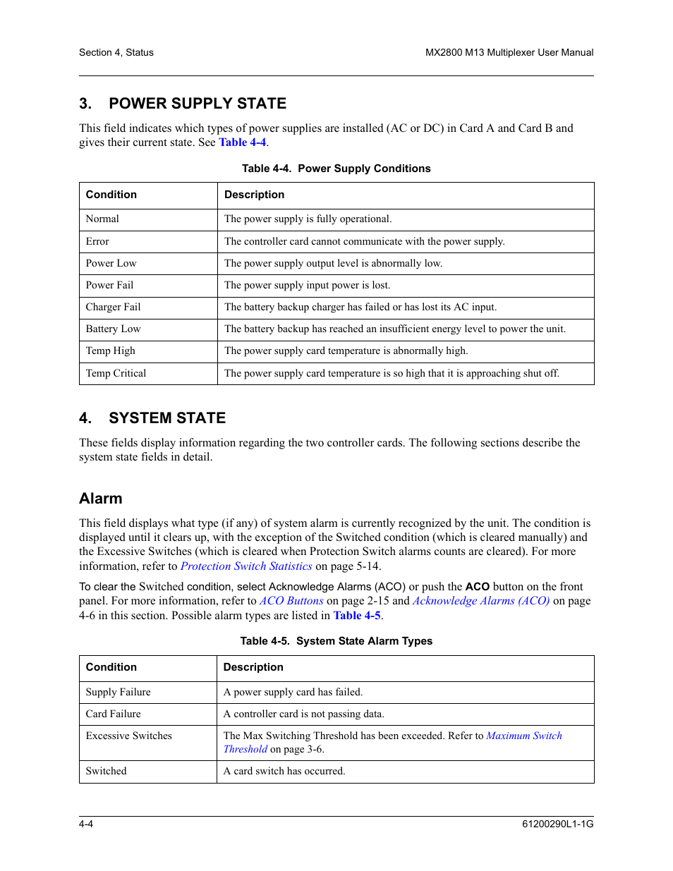Power supply state, System state, Alarm | Power supply state -4, System state -4, Alarm -4 | ADTRAN MX2800 M13 User Manual | Page 88 / 200