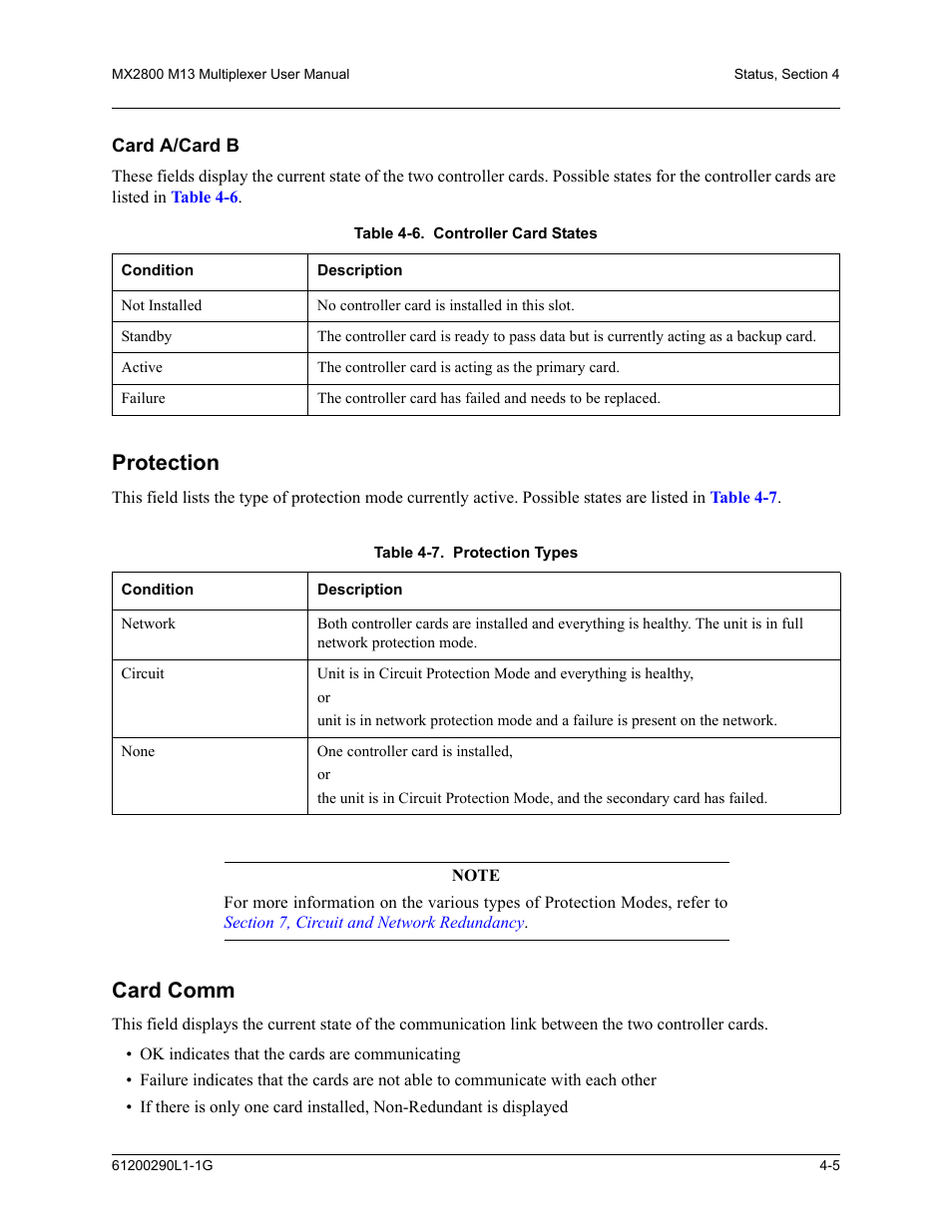 Protection, Card comm, Protection -5 card comm -5 | ADTRAN MX2800 M13 User Manual | Page 89 / 200